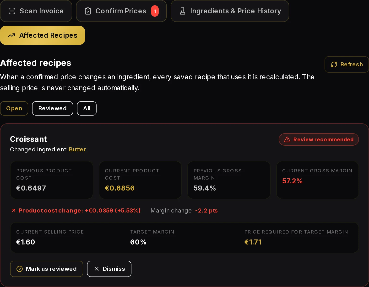 Affected recipes screen for a separate sample croissant recipe, showing its cost and gross margin change after a butter price increase