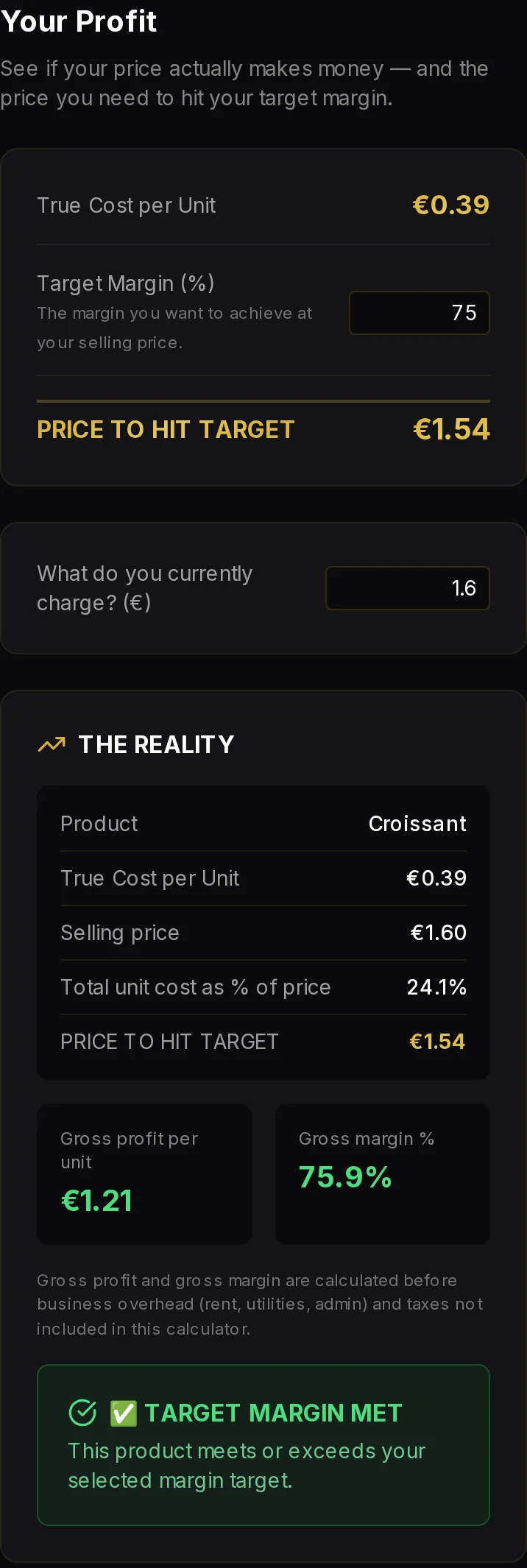 Profit screen showing true cost per unit, selling price, gross profit and gross margin for a croissant