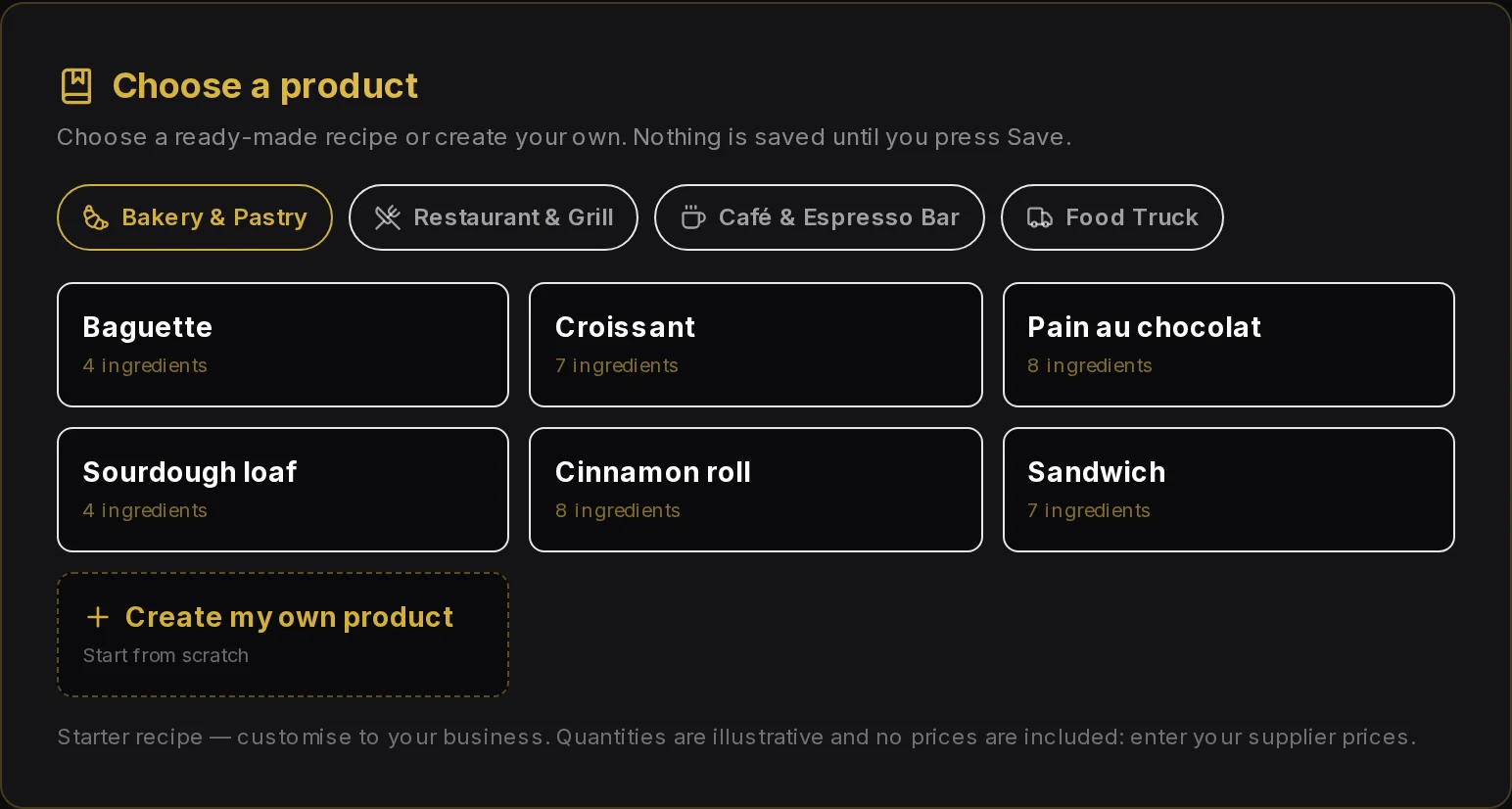 Choose a product screen with four sector buttons and starter recipes including Baguette, Croissant and Pain au chocolat