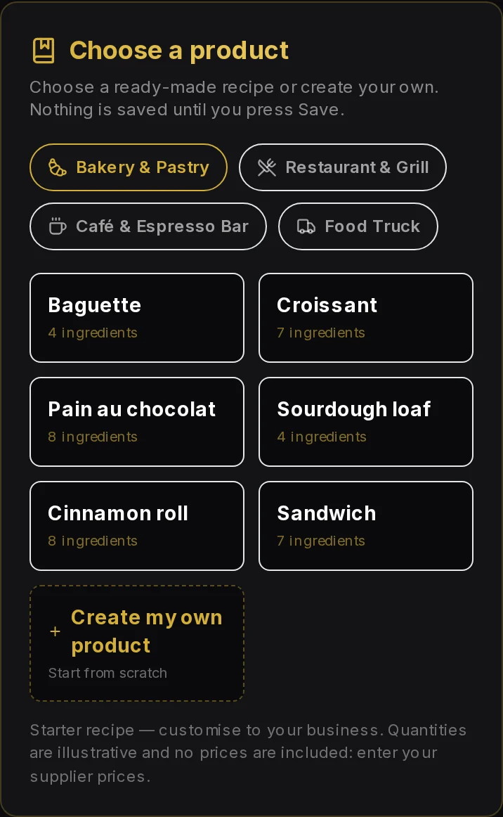 Choose a product screen with four sector buttons and starter recipes including Baguette, Croissant and Pain au chocolat